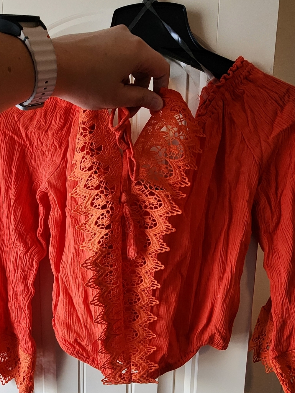 Orange Crochet-Trim Peasant Top